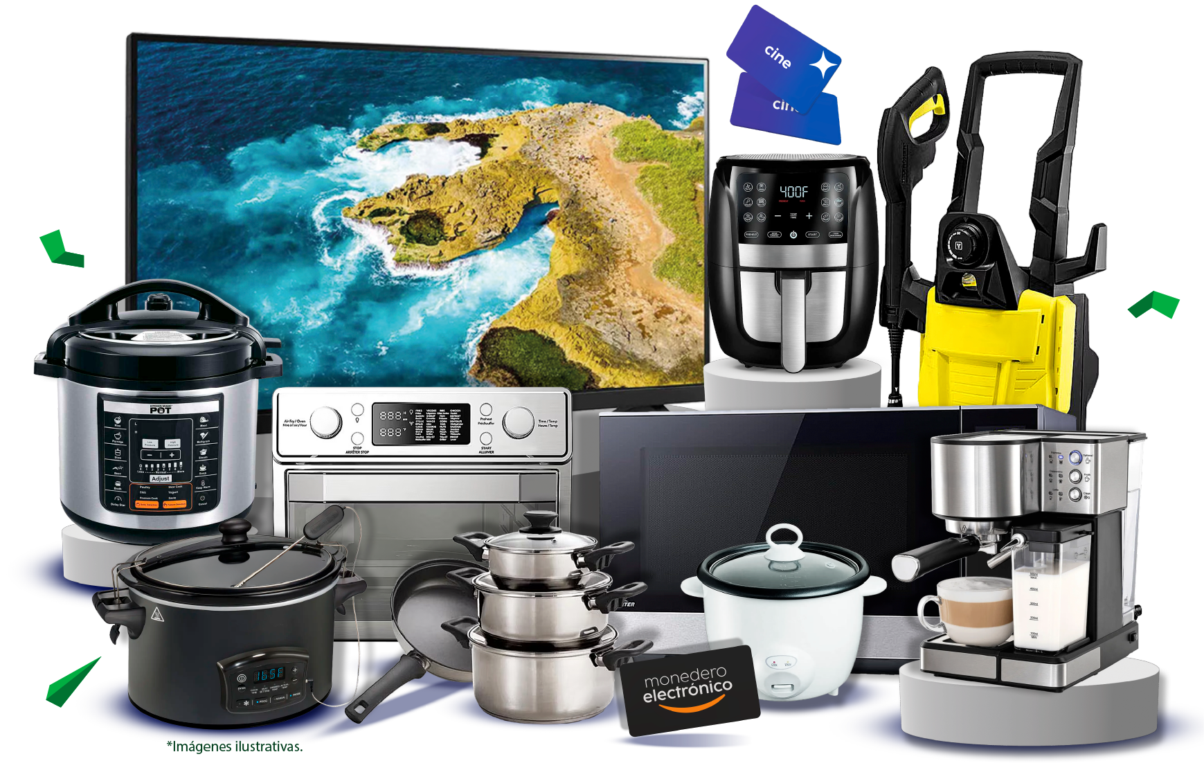 Premios: pantalla, freidora de aire, olla de presión, batería de cocina, cafetera, hidrolavadora, tarjetas de cine y monedero electrónico. Imágenes ilustrativas.